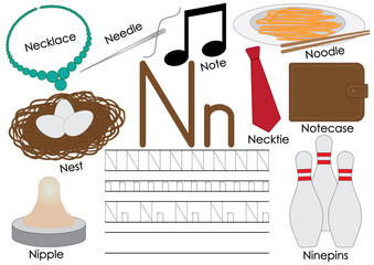 Letter N. English alphabet. Education for children. Writing practice of capital and small letters.