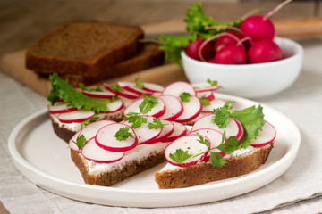 Fototapeta na wymiar Appetizing sandwiches of rye bread with curd cheese, radishes and lettuce. Rustic style.