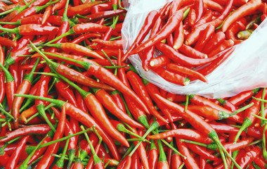 Colorful of red chili and  plastic bag in the market with full frame