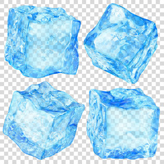 Obraz premium Set of four realistic translucent ice cubes in light blue color isolated on transparent background. Transparency only in vector format