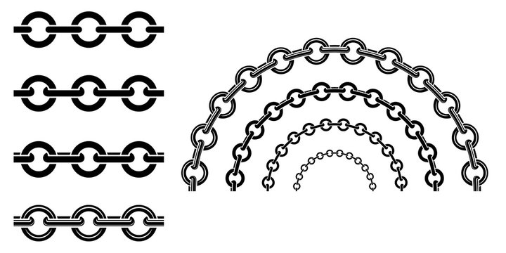 Monochrome set different type of metal chains in silhouette style. Seamless shape, for graphic design of logo, emblem, symbol, sign, badge, label, stamp, isolated on white background.