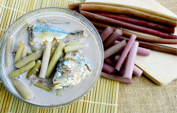 Lotus Stem and Mackerels Fish in Coconut Milk Soup (Thai name is gaaeng gathi saai buaa bplaa thuu neung)
Traditional Thai food Lotus Menu