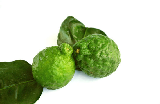 makrut lime or kaffir lime (Citrus hystrix) on white background.
Health Benefits of kaffir lime For Beauty and Traditional Medicine.