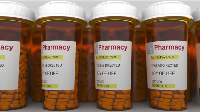 JOY OF LIFE caption on pill prescription bottles, conceptual animation