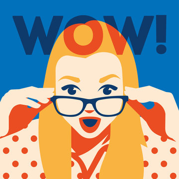 Wow face of surprised woman holding sunglasses in her hand.