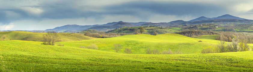 Obraz premium panorama landscape with green fields under clouds in Tuscany in Italy