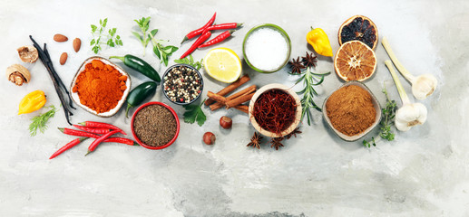 Spices and herbs on table. Food and cuisine ingredients.