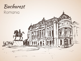 City square with horse monument sketch. Bucharest, Romania.
