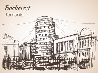 Fototapeta premium Cylindrical building sketch. Bucharest, Romania.