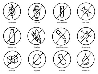 Set ingredient warning label icons. Common allergens gluten, lactose, soy, corn and more , sugar and trans fat, vegetarian and organic symbols.