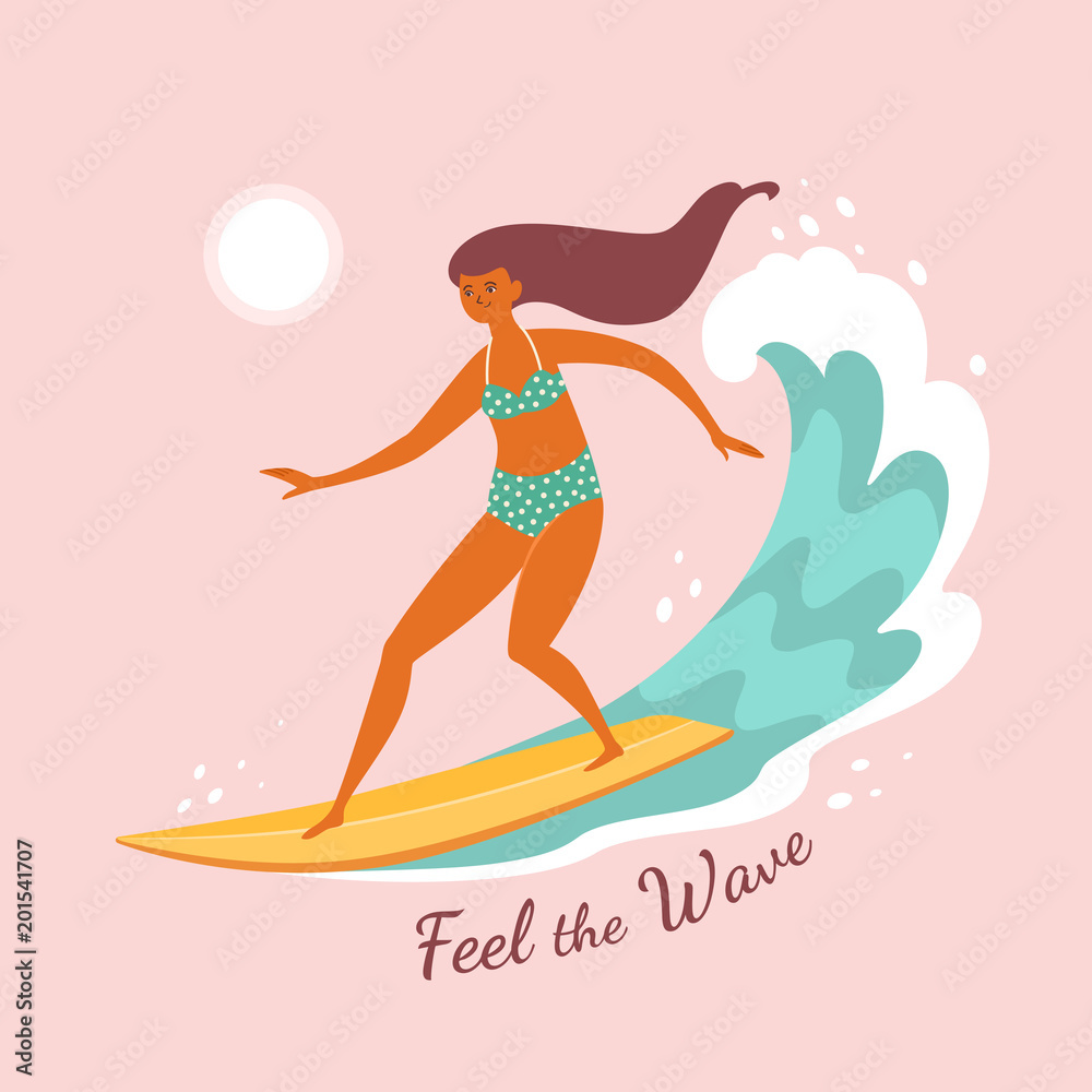 Wall mural Feel the wave. Vector illustration of a pretty young woman surfing the wave in trendy flat style. Isolated on light pink background.