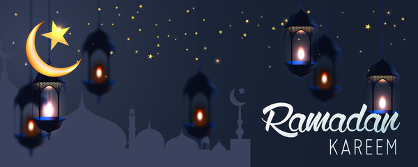 Obraz na płótnie Canvas Ramadan Kareem horizontal vector banner, text in middle with lantern and Mosque. Ramadan Kareem ads, flyer, invitation, greeting card. Islamic background.