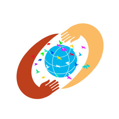 Hands with earth, people of the world holding the globe flat vector sticker, poster