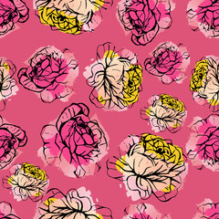 Seamless vector summer pattern of hand drawn ink roses on watercolor background. Fashion, pattern, journaling, logo, design, brand concept