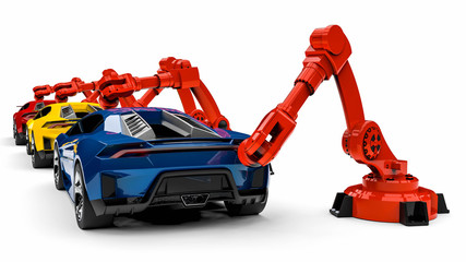 automotive robots / 3D render image representing a line of super cars with automotive robots 