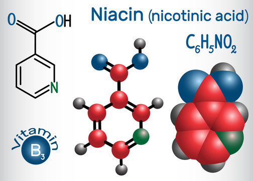 Niacin (nicotinic Acid) Molecule, Is A Vitamin B3 Found In Food, Used As A Dietary Supplement. Structural Chemical Formula And Molecule Model