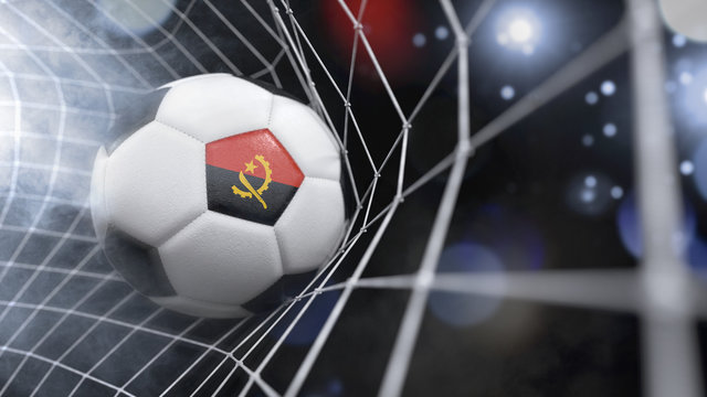 Realistic soccer ball in the net with the flag of Angola.(series)