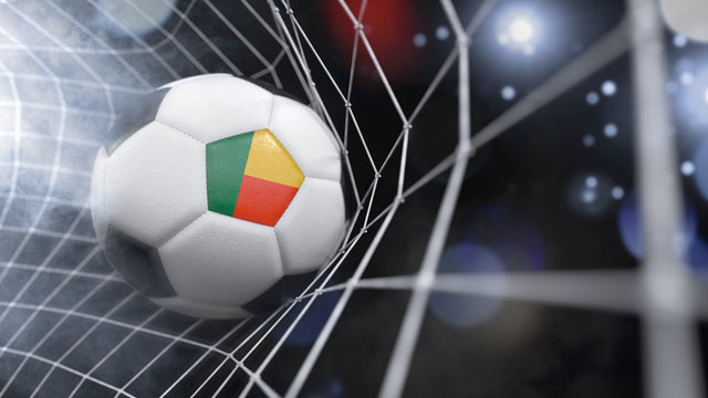 Realistic soccer ball in the net with the flag of Benin.(series)