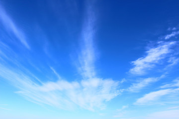 Blue sky and white cirrus clouds. Background. Landscape.