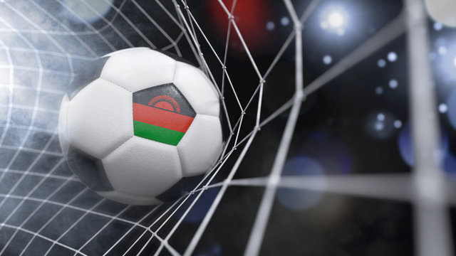 Realistic soccer ball in the net with the flag of Malawi.(series)