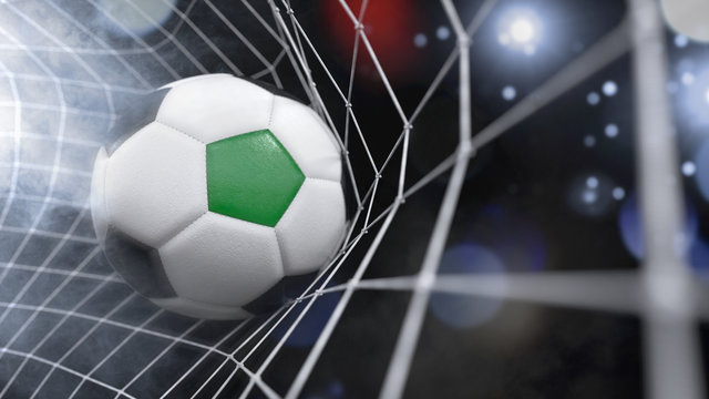 Realistic soccer ball in the net with the flag of Libya.(series)