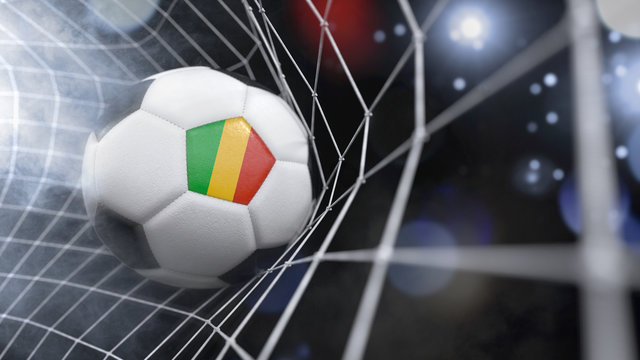 Realistic soccer ball in the net with the flag of Mali.(series)