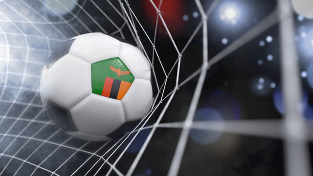 Realistic soccer ball in the net with the flag of Zambia.(series)