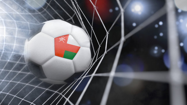 Realistic soccer ball in the net with the flag of Oman.(series)