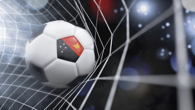 Realistic soccer ball in the net with the flag of Papua New Guinea.(series)