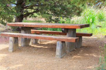 North America, United States, Oregon, Central Oregon,  Redmond, Terrebonne, Oregon. Smith Rock State Park. Picnic table and bench.