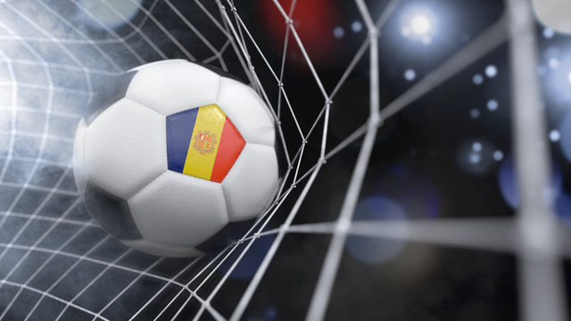 Realistic soccer ball in the net with the flag of Andorra.(series)