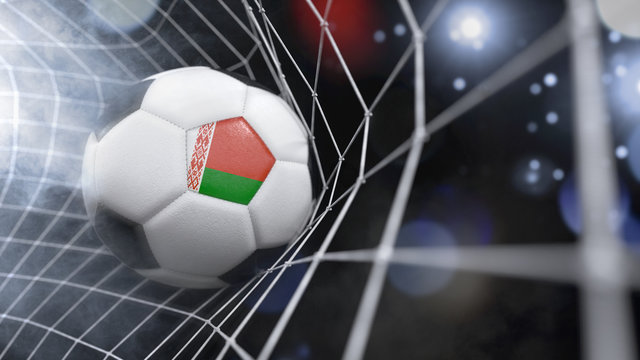 Realistic soccer ball in the net with the flag of Belarus.(series)