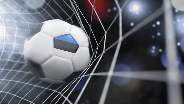 Realistic soccer ball in the net with the flag of Estonia.(series)