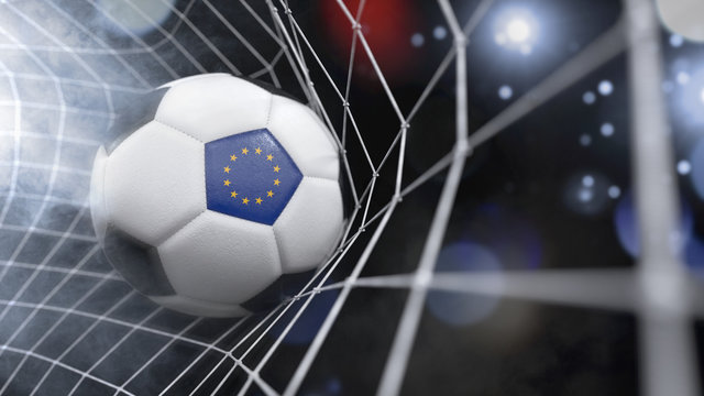 Realistic soccer ball in the net with the flag of European Union.(series)