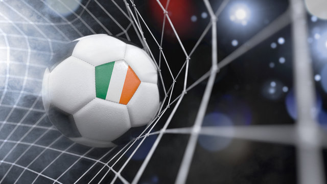 Realistic soccer ball in the net with the flag of Ireland.(series)