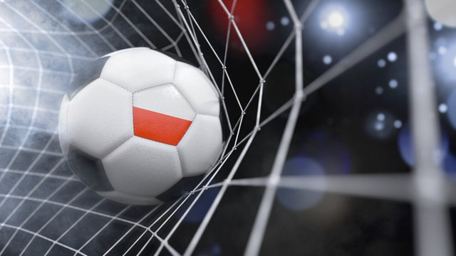 Realistic soccer ball in the net with the flag of Poland.(series)