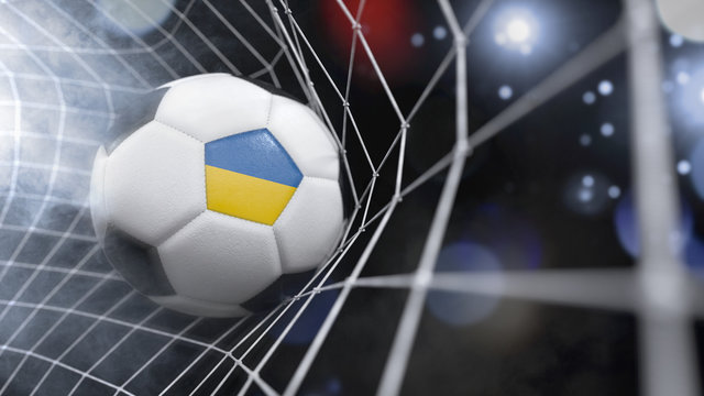 Realistic soccer ball in the net with the flag of Ukraine.(series)