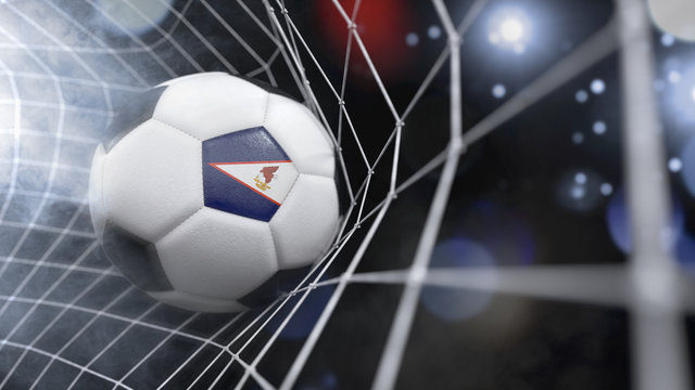 Realistic soccer ball in the net with the flag of American Samoa.(series)