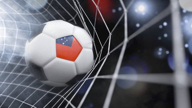Realistic soccer ball in the net with the flag of Samoa.(series)