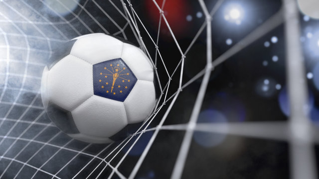 Realistic soccer ball in the net with the flag of Indiana.(series)