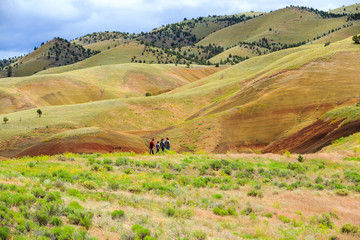 Obraz premium North America, United States, Oregon, Central Oregon, Redmond, Bend, Mitchell. Series of low clay hills striped in colorful bands of minerals, ash and clay deposits. Hikers.