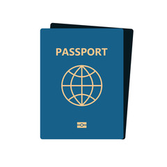 Blue passport isolated on dark background. International identification document for travel. Vector image about identification, travel, check-in, tourism, passport control