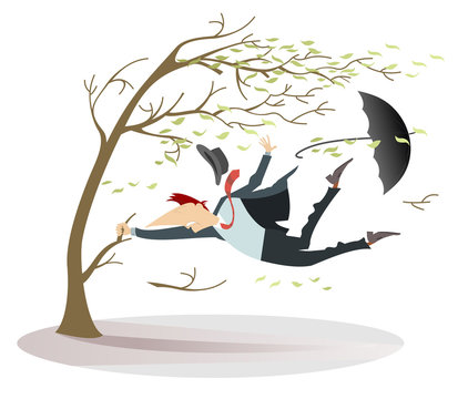 Strong wind, flying leaves and a man lost his hat and umbrella trying to keep his life catching a tree isolated on white illustration
