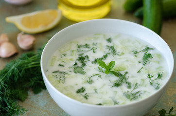 Traditional Turkish drink,tzatziki, made from yogurt, garlic, and cucumbers.