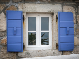 Fototapeta na wymiar A white window with blue shutters, reflection of plants