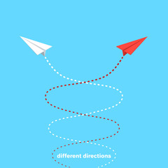 red paper airplane flies in the opposite direction from a group of other airplanes, isometric image