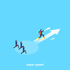 a man in a business suit with a battery on his back running along the arrow forward to success, an isometric image