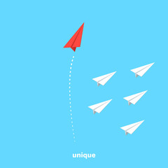 red paper airplane flies in the opposite direction from a group of other airplanes, isometric image