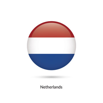 Netherlands flag - round glossy button. Vector Illustration.