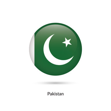 Pakistan flag - round glossy button. Vector Illustration.